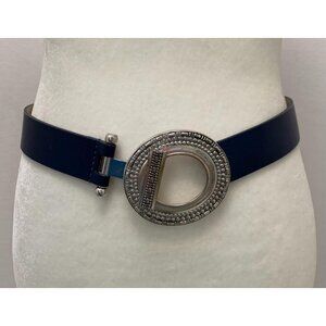 Womens Belt M L Blue Silver Medallion Navy Leather Blend to 39" Adjustable